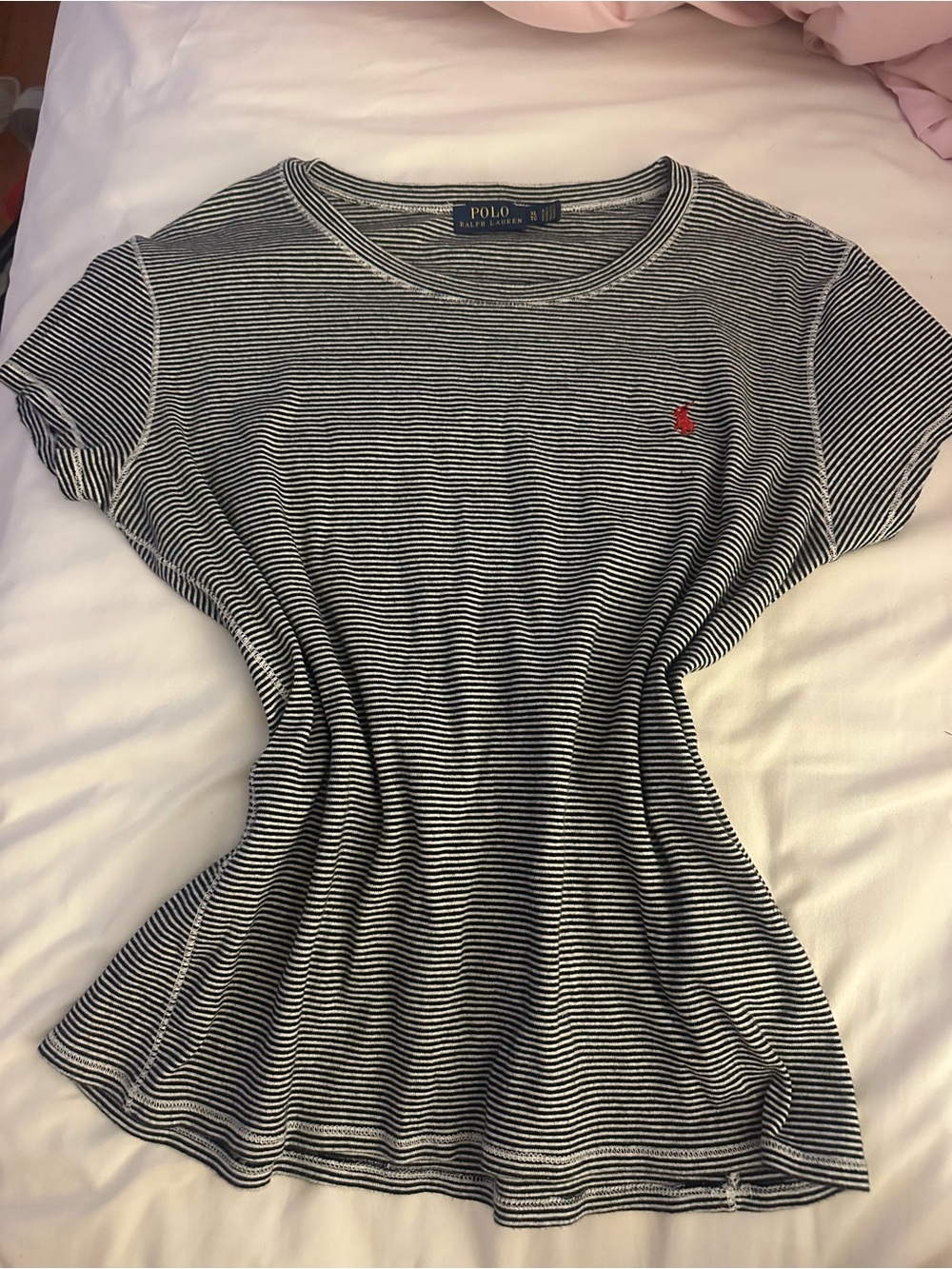 Polo by Ralph Lauren Navy and White Striped Short Sleeve Tee with Red Pony